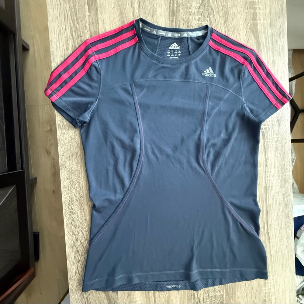 Adidas Charcoal and Pink Athletic Top Running Top